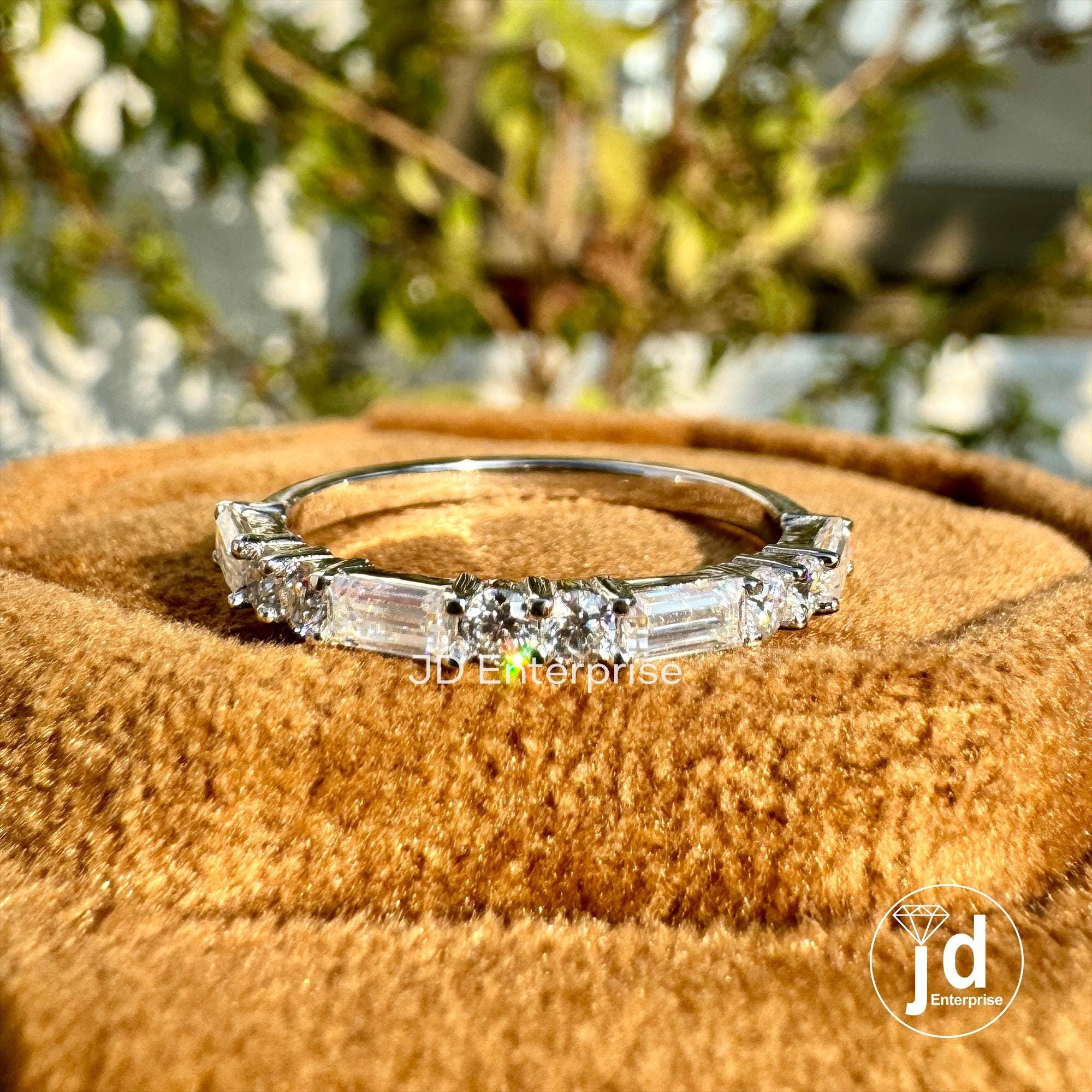 0.72 TCW Baguette and Round Colorless Moissanite Wedding Band, Half Eternity Band, White Gold Band, Stackable Band, Anniversary Gifts