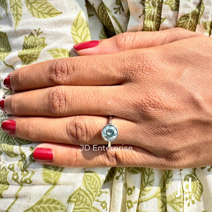 1.30CT Round Cut Aqua Blue Moissanite Engagement Ring, Bezel Set Wedding Ring, Comfort Fit Anniversary Gift Ring, Solitaire Moissanite Ring