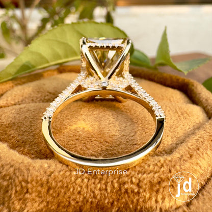 8.00 CT Big Radiant Cut Canary Yellow Moissanite Engagement Ring, Three Side Pave Wedding Ring, Hidden Halo Bridal Ring, Peekaboo Setting
