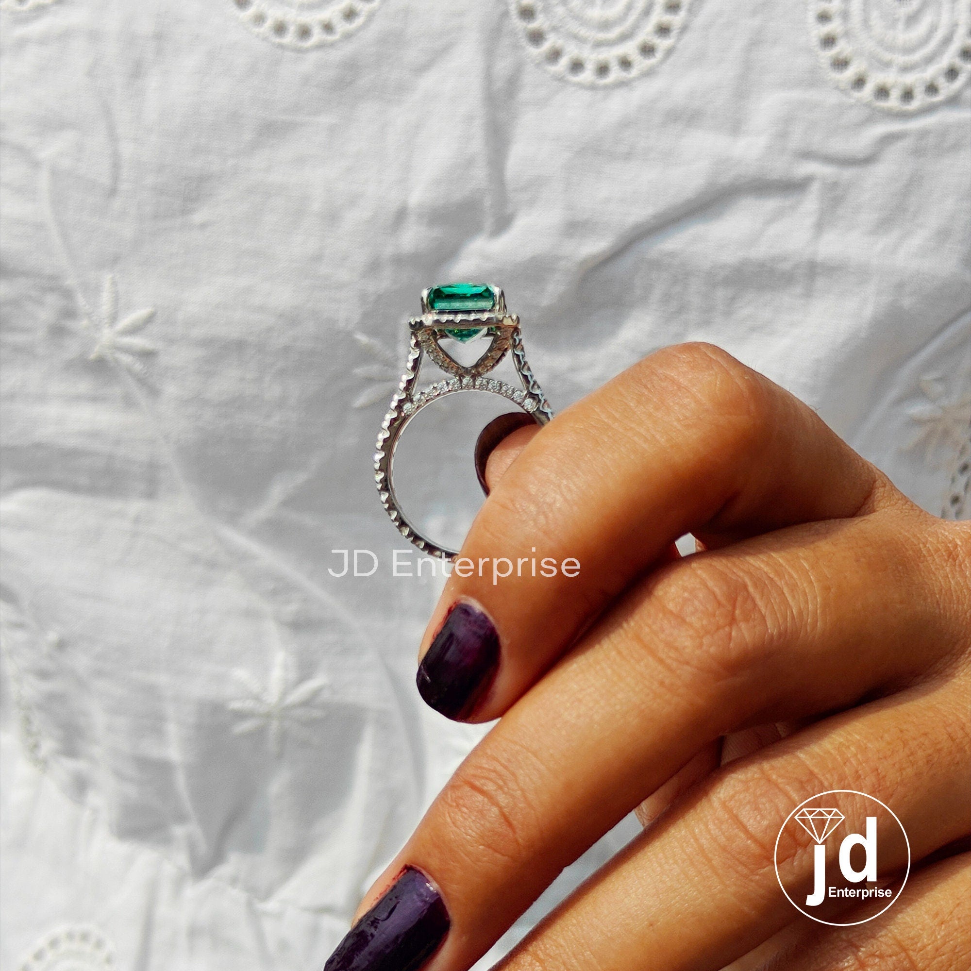 5.00 CT Criss Cut Green Moissanite Engagement Ring, Bridge Petite Pave Halo Wedding Ring, Full Eternity Band, Bridal Ring, Anniversary Ring