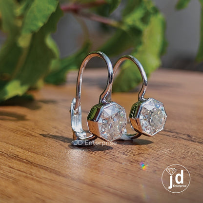 3.00 TCW Octagon Cut Moissanite Dangle Earrings, Bezel Set Bridesmaid Earrings, Wedding Earrings for Women, Leaver Back, Anniversary Gift