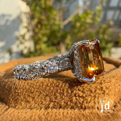 3.0 CT Criss Cut Champagne Color Moissanite Engagement Ring, Three Side Pave Wedding Ring, Hidden Halo Ring, Micro Pave Setting