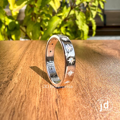 Moissanite Starburst Wedding Band Ring, Solid Gold Solitaire Anniversary Band, Pave Celestial Ring Women, Minimalist Stackable Matching Band