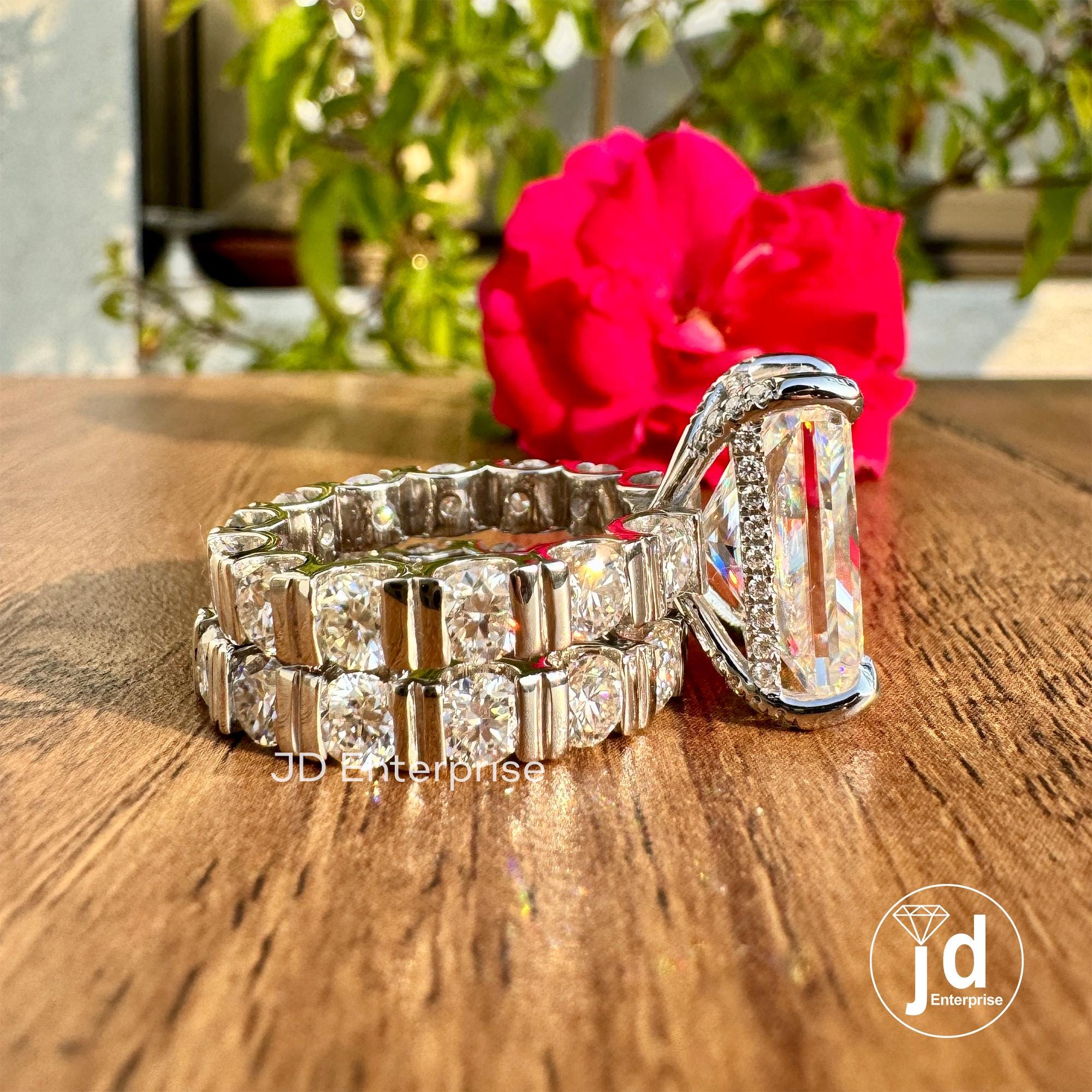 10.23 CT Large Radiant Cut Moissanite Engagement Ring, Celebrity Style Wedding Ring Set, Hidden Halo Bridal Ring Set, Bar Set Eternity Band
