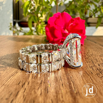 10.23 CT Large Radiant Cut Moissanite Engagement Ring, Celebrity Style Wedding Ring Set, Hidden Halo Bridal Ring Set, Bar Set Eternity Band