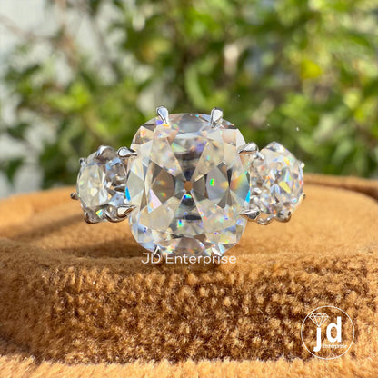 4.80 TW Colorless Cushion and Round Old Mine Cut Moissanite Ring, Vintage Style Three Stone Engagement Ring, Wedding Ring, Anniversary Gifts