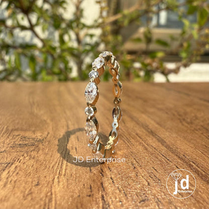 Alternating Moissanite Band, 0.77 TCW Marquise and Round Cut Colorless Moissanite Wedding Band, Full Eternity Band, Stackable Band, Bridal