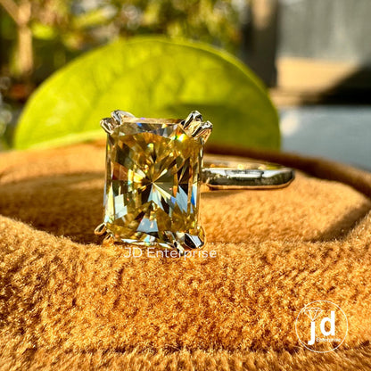 2.60 CT Radiant Crushed Ice Canary Yellow Moissanite Ring, Solitaire Engagement Ring, Yellow Gold Wedding Ring for Women, Double Claw Prongs