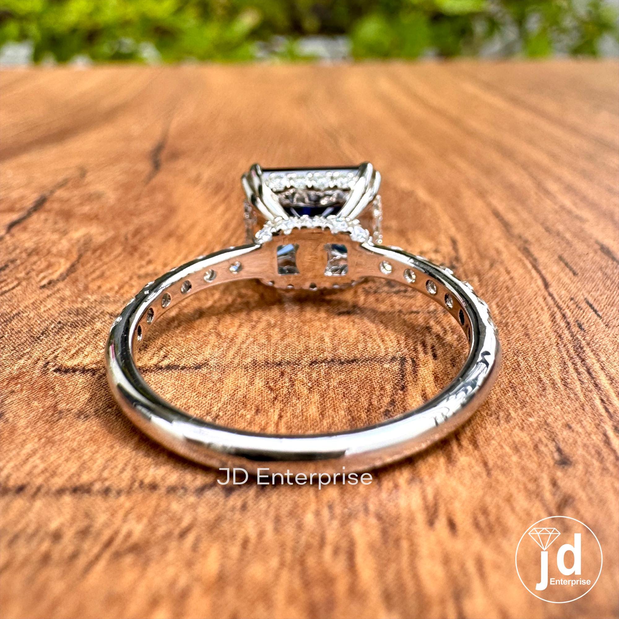 3.06 TCW Dark Blue Radiant Cut Moissanite Engagement Ring, East to West Set Anniversary Ring, Hidden Halo Wedding Ring, Pave Set Bridal Ring