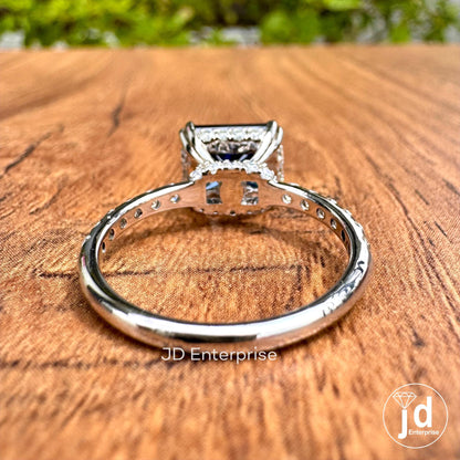 3.06 TCW Dark Blue Radiant Cut Moissanite Engagement Ring, East to West Set Anniversary Ring, Hidden Halo Wedding Ring, Pave Set Bridal Ring