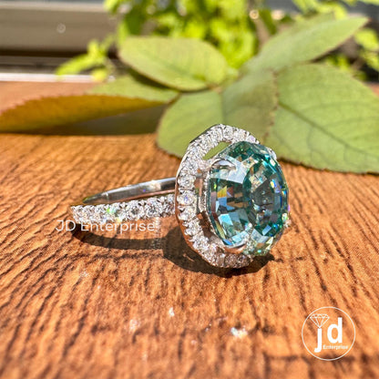 3 CT Bluegreen Moissanite Anniversary Ring, Step Cut Oval Wedding Ring, Halo Engagement Ring, Round Assent Set Bridal Ring, Proposal Ring