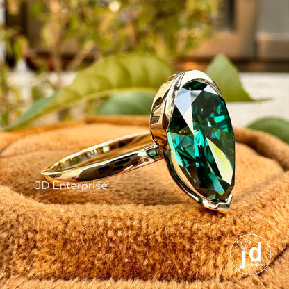 4.50CT Pear Green Moissanite Engagement Ring, Half Bezel Set Wedding Ring, Solitaire Bridal Ring, Celebrity Style Statement Anniversary Ring