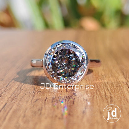 4.50CT Bezel Set Portuguese Cut Grey Moissanite Engagement Ring, Solitaire Wedding Ring, Bridal Ring, Anniversary Gift Ring, Statement Ring