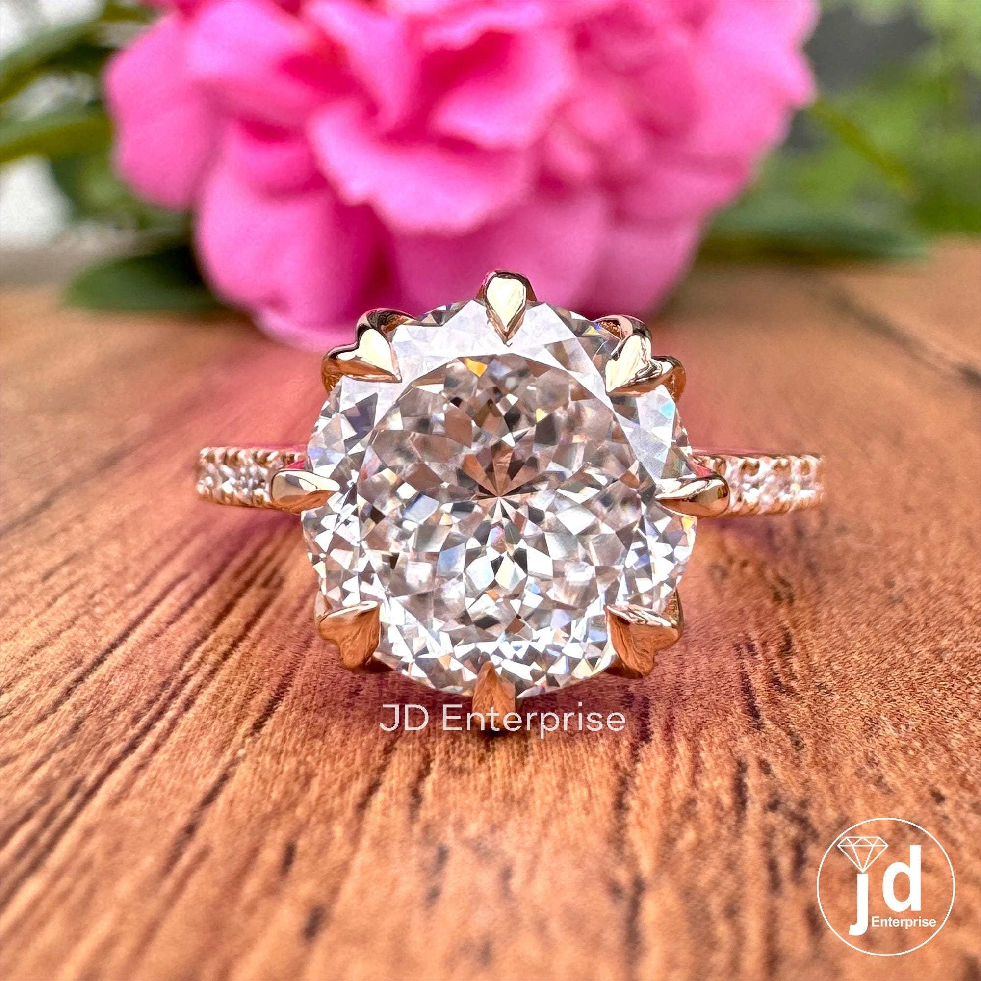 Vintage Style Engagement Ring, Antique Portuguese Moissanite Solitaire Ring, Colorless Round Wedding Ring, 18k Rose Gold Anniversary Ring