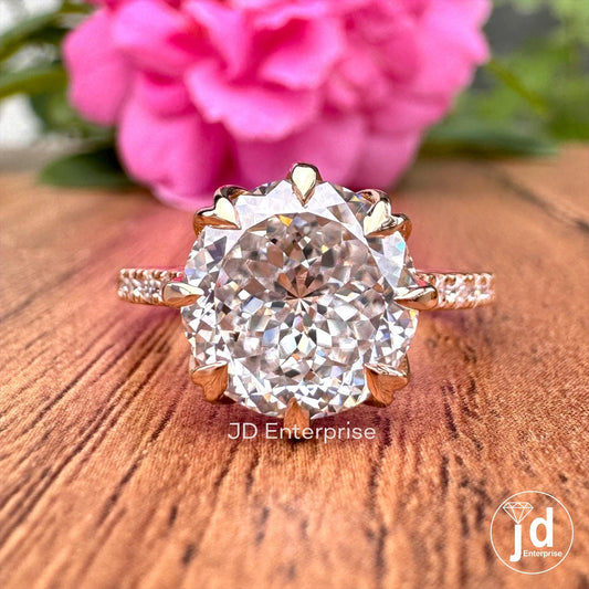 Vintage Style Engagement Ring, Antique Portuguese Moissanite Solitaire Ring, Colorless Round Wedding Ring, 18k Rose Gold Anniversary Ring
