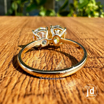 Cushion & Pear Cut Moissanite Ring, Toi Et Moi Engagement Ring, Canary Yellow or Colorless Two Stone Anniversary Ring, Vintage Wedding Ring