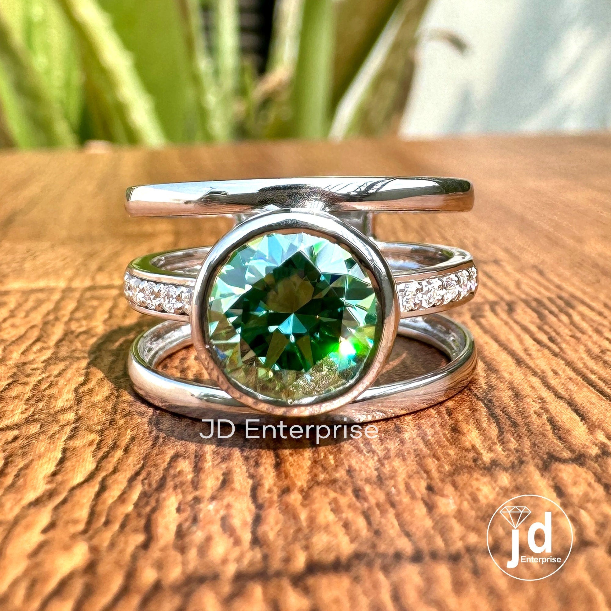 2.00 CT Round Cut Green Moissanite Engagement Ring, Bezel Set Wedding Ring, Three Split Shank Anniversary Ring, White Gold Ring for Women