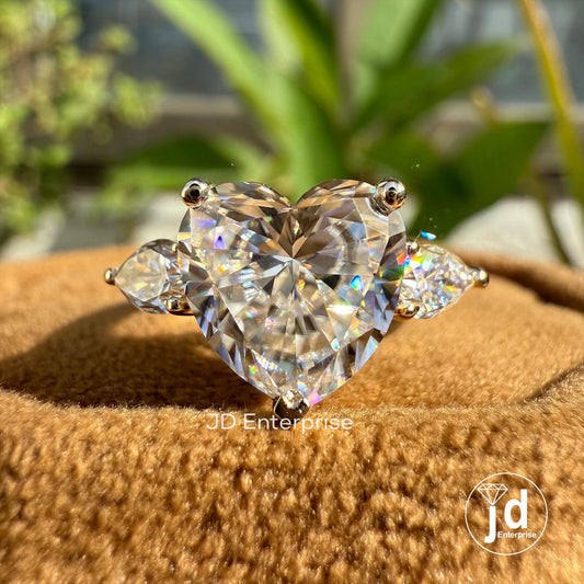 3.00 CT Heart Shape Colorless Moissanite Engagement Ring, Three Stone Wedding Ring, Side Stone Pear Cut, Anniversary Gifts Ring for Women