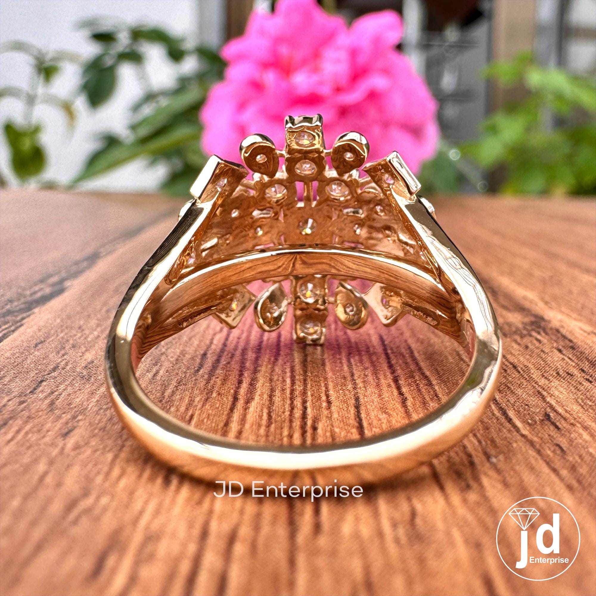 Cocktail Rhombus Bridal Ring, Cluster Set Moissanite Ring, Floral Style Round Cut Moissanite Engagement Ring, 18k Yellow Gold Wedding Ring