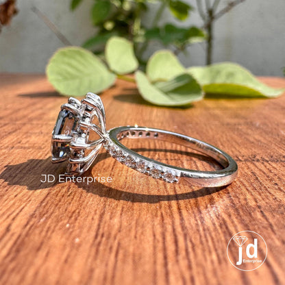 2.78 TW Hexagon Step Cut Grey Moissanite Engagement Ring, Flower Style Halo Wedding Ring, Pave Set Anniversary Ring, Bridal Set Ring