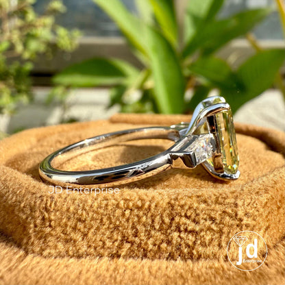 3.00 CT Emerald Cut Canary Yellow Moissanite Engagement Ring, Three Stone Wedding Ring, Side Tapered Baguette, Comfort Fit Anniversary Ring