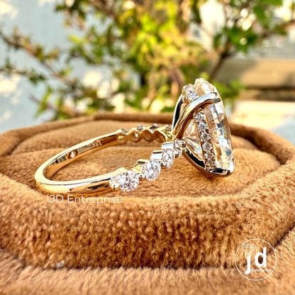5.00 CT Oval Cut Moissanite Engagement Ring, Hidden Halo Wedding Ring, Floating Bubble Pave Set, Anniversary Gift, Claw Prong Bridal Ring