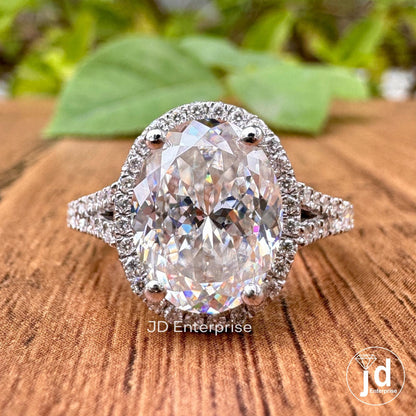 Antique Portuguese Oval Cut Moissanite Engagement Ring, Pave Split Shank Wedding Ring, Halo Ring, Bride Ring, Anniversary Ring, Promise Ring