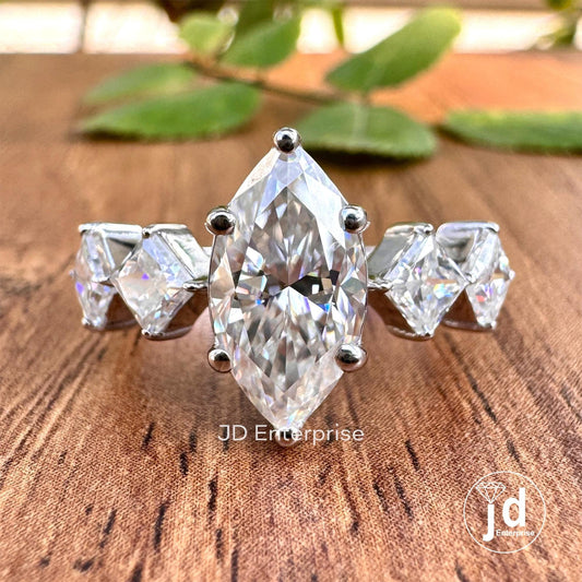 2.90 TW Colorless Marquise & Princess Cut Moissanite Engagement Ring, Five Stone Wedding Ring, Bridal Ring, Anniversary Gift, Ring for Women