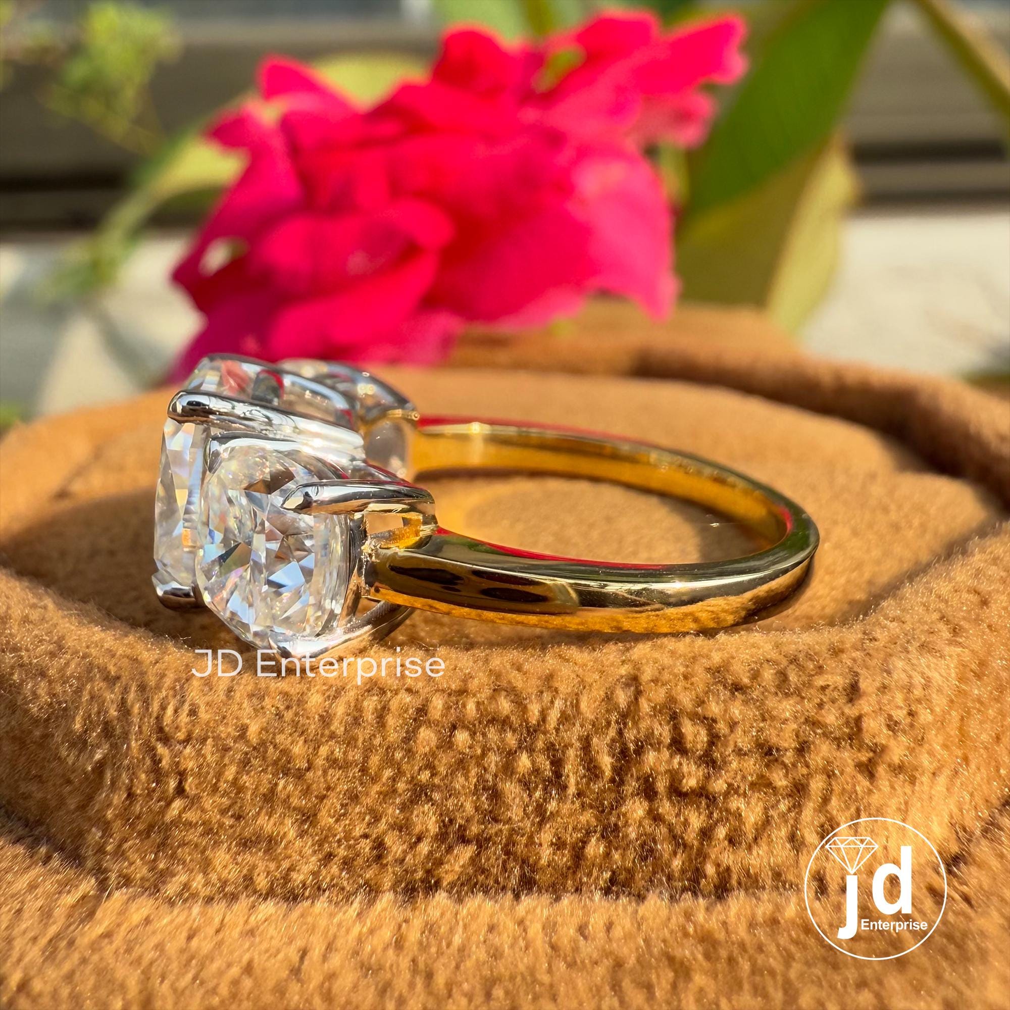Three Stone Cushion Cut Moissanite Engagement Ring, Two-Tone Trilogy Ring, Square Cushion Wedding Ring, Anniversary Gifts Ring, Bridal Ring