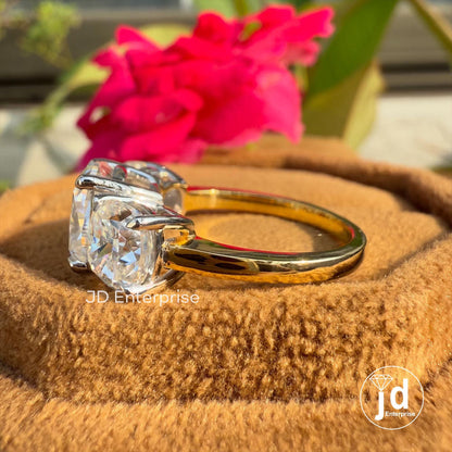 Three Stone Cushion Cut Moissanite Engagement Ring, Two-Tone Trilogy Ring, Square Cushion Wedding Ring, Anniversary Gifts Ring, Bridal Ring