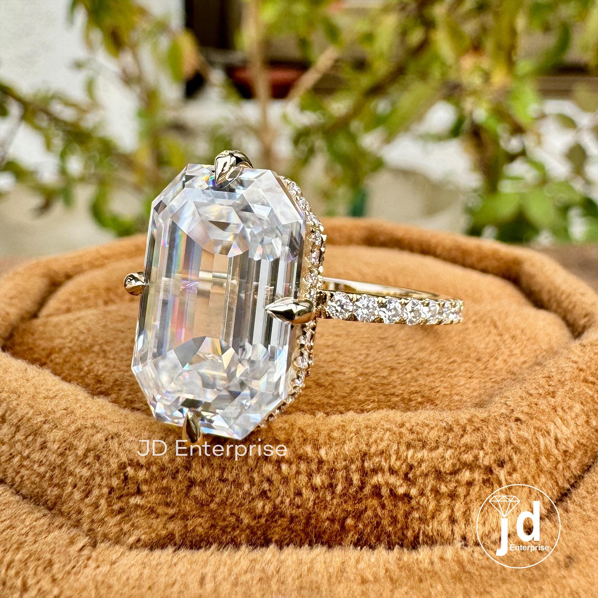 9.00 TCW Old Mine Emerald Cut Moissanite Engagement Ring, Hidden Halo Wedding Ring, Large Solitaire Celebrity Style Bridal Ring, Donut Pave