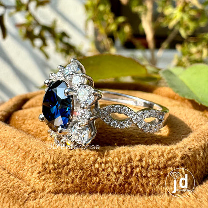 3.50 CTW Round Cut Dark Blue Moissanite Engagement Ring, Vintage Halo Anniversary Ring, Twisted Pave Wedding Ring, Crossover Rings for Women