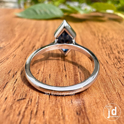 Dark Blue Solitaire Moissanite Engagement Ring, Dutch Marquise Cut Moissanite Ring, Moissanite Anniversary Ring, Bezel Set Bridesmaid Ring