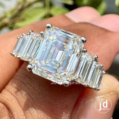 5.00 TCW Colorless Emerald Cut Moissanite Engagement Ring, Sevan Stone Wedding Ring, Anniversary Gifts Ring, Promise Ring, Cocktail Ring