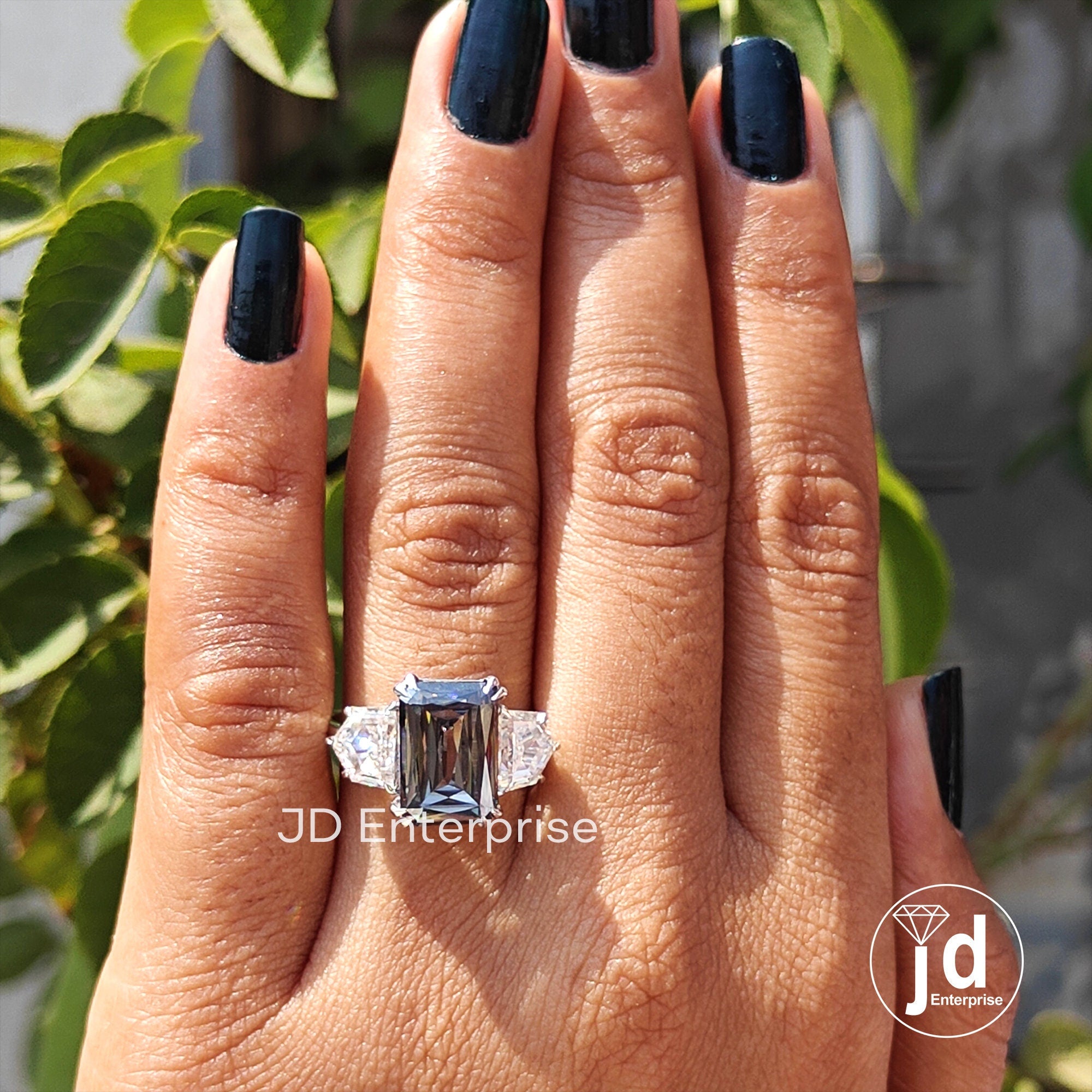 Three Stone Engagement Ring, Large 5.50 CT Criss Cut Grey Moissanite Wedding Ring, Cadillac Cut Cocktail Ring, Trilogy Ring, Bridal Ring