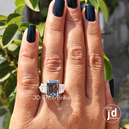 Three Stone Engagement Ring, Large 5.50 CT Criss Cut Grey Moissanite Wedding Ring, Cadillac Cut Cocktail Ring, Trilogy Ring, Bridal Ring