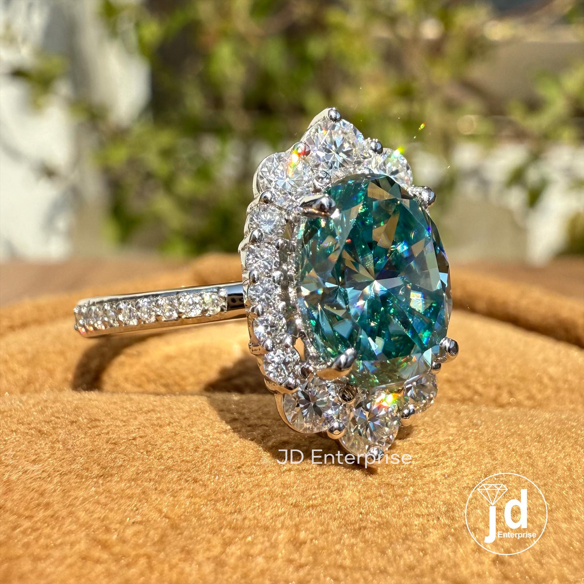2.00 CT Cyan Blue Moissanite Oval Cut Engagement Ring, Flower Style Halo Wedding Ring, Accent Ring, Tapper Shank Pave Set Ring, Bridal Ring