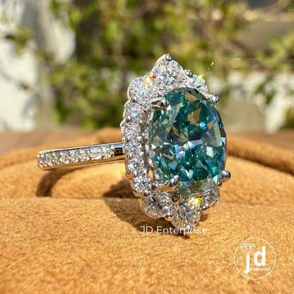 2.00 CT Cyan Blue Moissanite Oval Cut Engagement Ring, Flower Style Halo Wedding Ring, Accent Ring, Tapper Shank Pave Set Ring, Bridal Ring