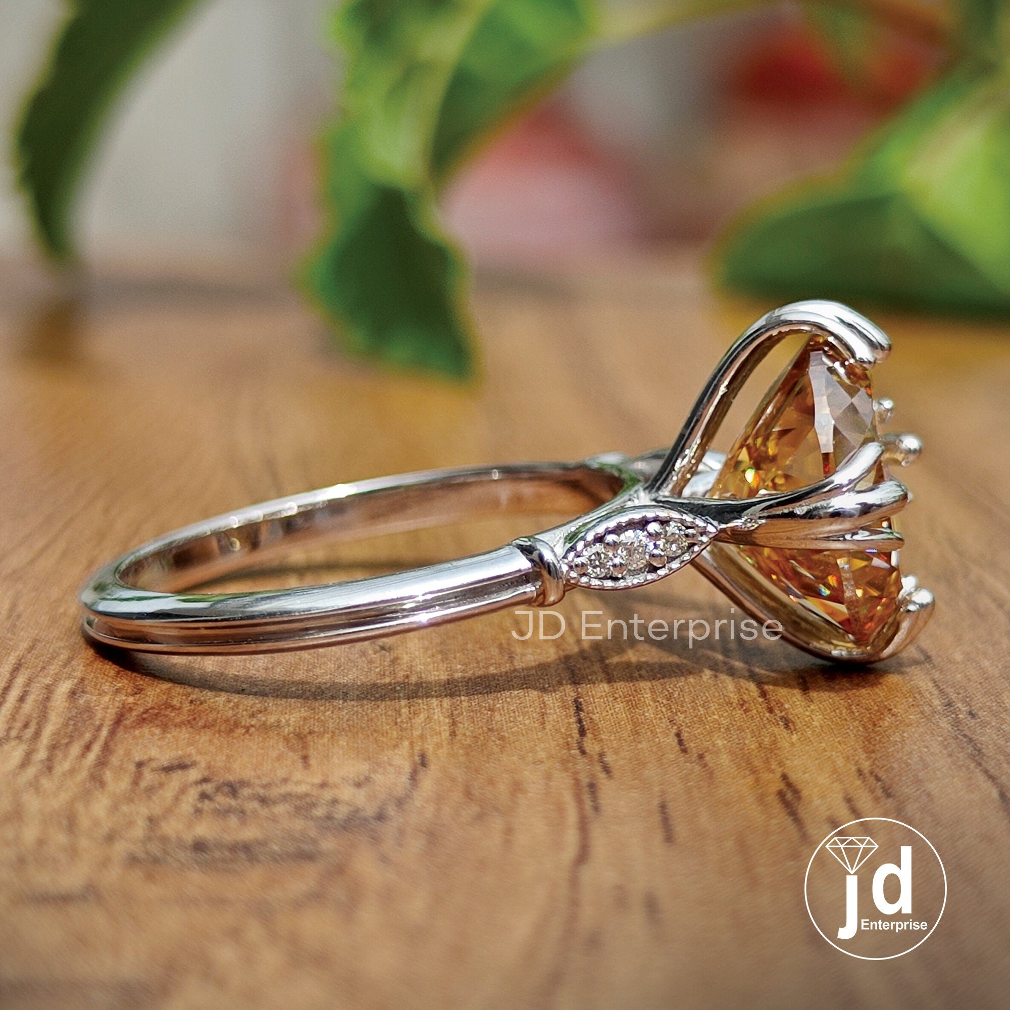 5.05 CT Portuguese Champagne Moissanite Engagement Ring, Milgrain Wedding Ring, Fish Tail Prongs, Round Accent Bridal Ring, Anniversary Ring