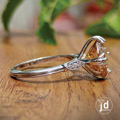 5.05 CT Portuguese Champagne Moissanite Engagement Ring, Milgrain Wedding Ring, Fish Tail Prongs, Round Accent Bridal Ring, Anniversary Ring