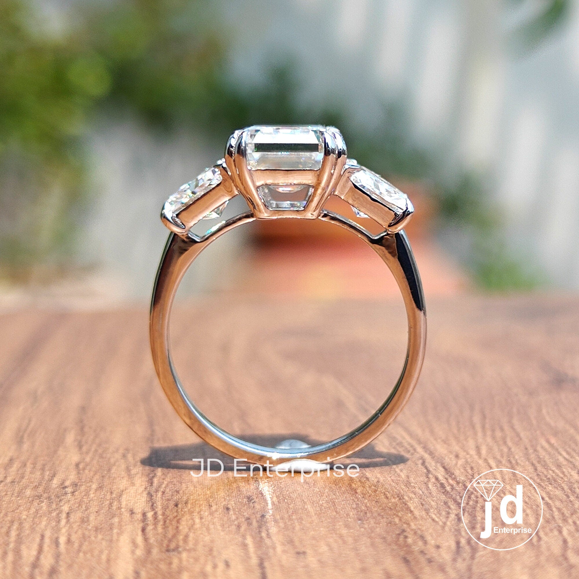 5.50 TW Old Mine Emerald Moissanite Engagement Ring, Side Trapezoid, Three Stone Wedding Ring, Double Claw Prongs Anniversary Ring, Bridal