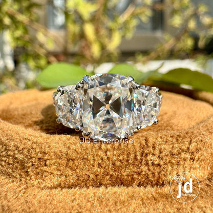 Old Mine Cushion Moissanite Ring, 3.50 TCW Moissanite Engagement Ring, Three Stone Wedding Ring, Halfmoon with Accent Stone, Bridal Ring