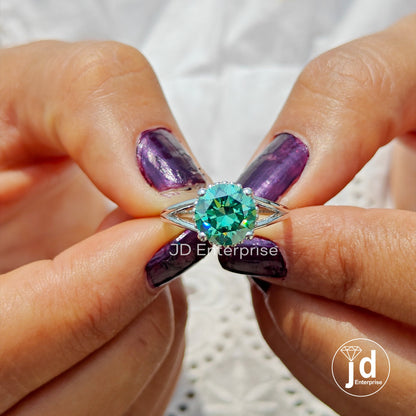 2.36 CT Round Cut Green Moissanite Engagement Ring, Solitaire Ring, Wedding Ring, Split Shank Ring, Bridal Ring, Anniversary Gift Ring