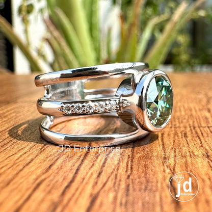2.00 CT Round Cut Green Moissanite Engagement Ring, Bezel Set Wedding Ring, Three Split Shank Anniversary Ring, White Gold Ring for Women