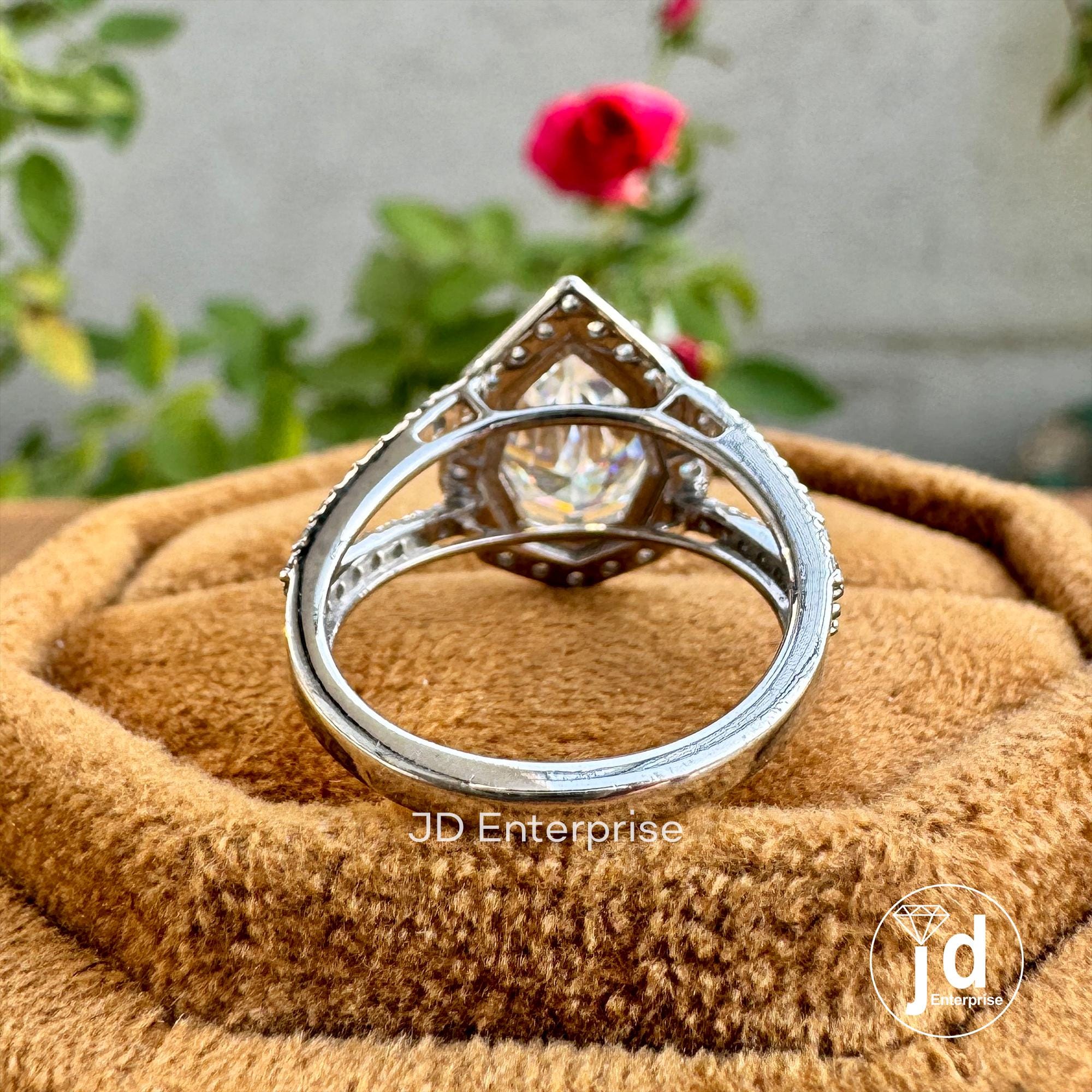 3.50 TCW Colorless Step Cut Pear Moissanite Engagement Ring, Round Halo Wedding Ring, Pave Set Split Shank Anniversary Ring, Bridal Ring Set