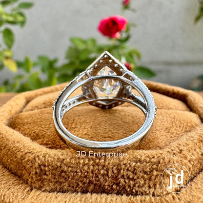 3.50 TCW Colorless Step Cut Pear Moissanite Engagement Ring, Round Halo Wedding Ring, Pave Set Split Shank Anniversary Ring, Bridal Ring Set