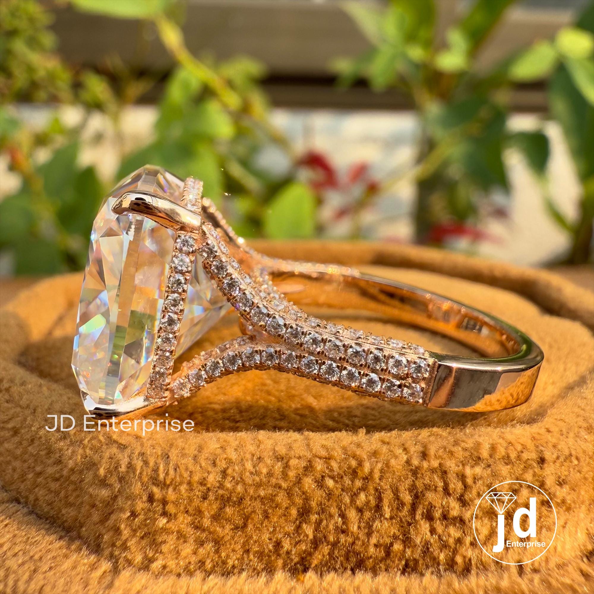 Large 14.50 CT Cushion Cut Moissanite Ring, Hidden Halo Engagement Ring, Pave Split Shank Celebrity Style Wedding Ring, Solid Rose Gold Ring