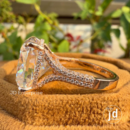 Large 14.50 CT Cushion Cut Moissanite Ring, Hidden Halo Engagement Ring, Pave Split Shank Celebrity Style Wedding Ring, Solid Rose Gold Ring