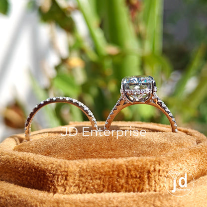5.00 CT Cushion Cut Light Grey Moissanite Engagement Ring, Hidden Halo Wedding Set, Bridal Set, Eternity Band, Pave Split Shank Ring for Her