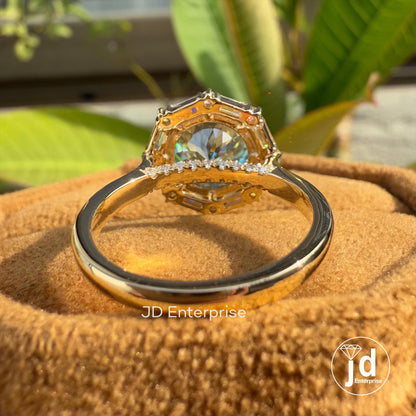 3.0 CT Portuguese Cut Cyan Blue Moissanite Ring, Vintage Style Engagement Ring, Baguette and Round Halo Ring, Wedding Ring, Anniversary Gift